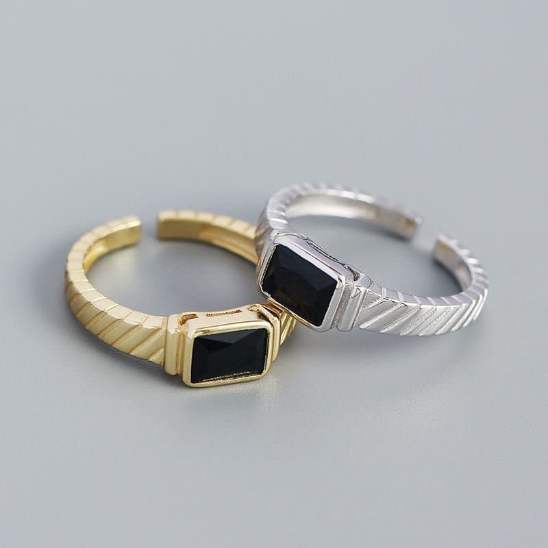 Geometric Created Black Agate Emerald 925 Sterling Silver Adjustable Ring