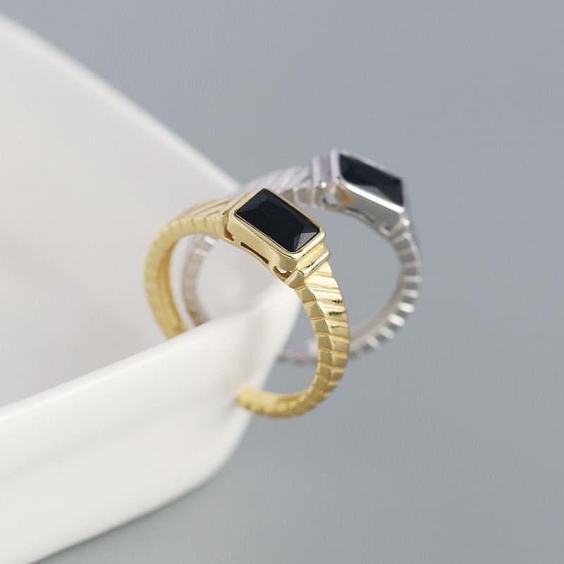 Geometric Created Black Agate Emerald 925 Sterling Silver Adjustable Ring