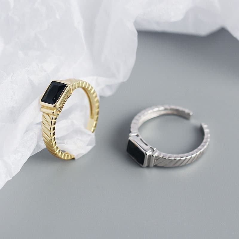 Geometric Created Black Agate Emerald 925 Sterling Silver Adjustable Ring