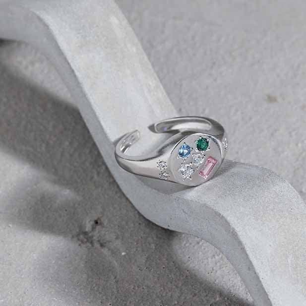 Colourful Geometric Star Oval CZ 925 Sterling Silver Adjustable Ring