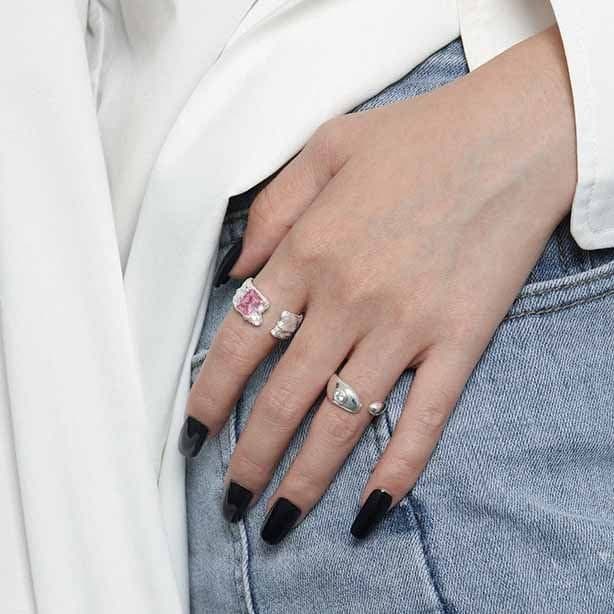 Geometric Rectangle CZ Irregular 925 Sterling Silver Adjustable Ring