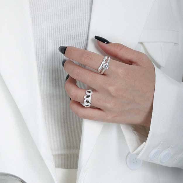Black Irregular CZ Stone 925 Sterling Silver Adjustable Ring