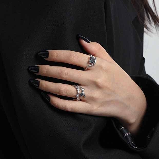 Black CZ Irregular Cross 925 Sterling Silver Adjustable Ring