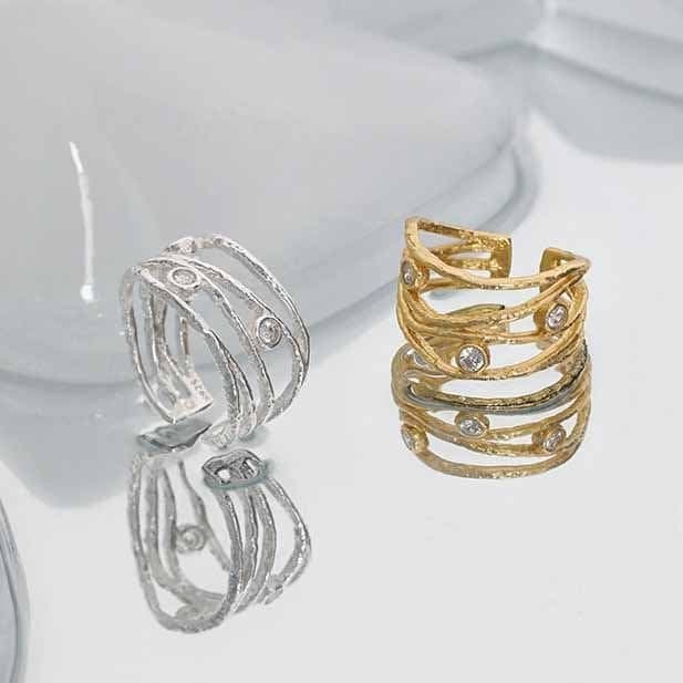 CZ Hollow Lines Wide 925 Sterling Silver Adjustable Ring