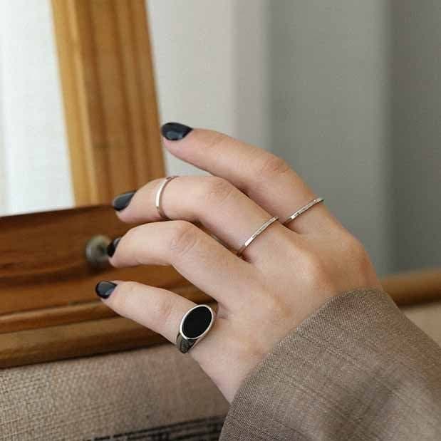 Geometric Created Black Agate 925 Sterling Silver Adjustable Ring
