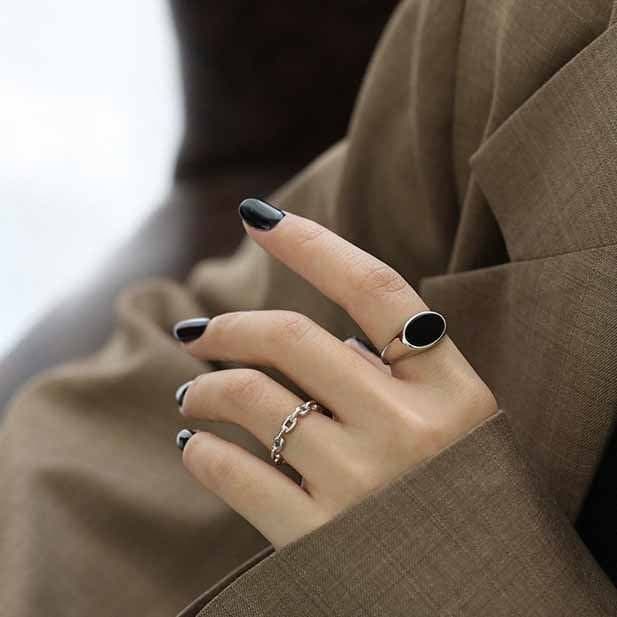 Geometric Created Black Agate 925 Sterling Silver Adjustable Ring