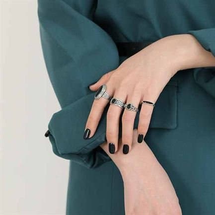 Vintage Black Geometric 925 Sterling Silver Adjustable Ring
