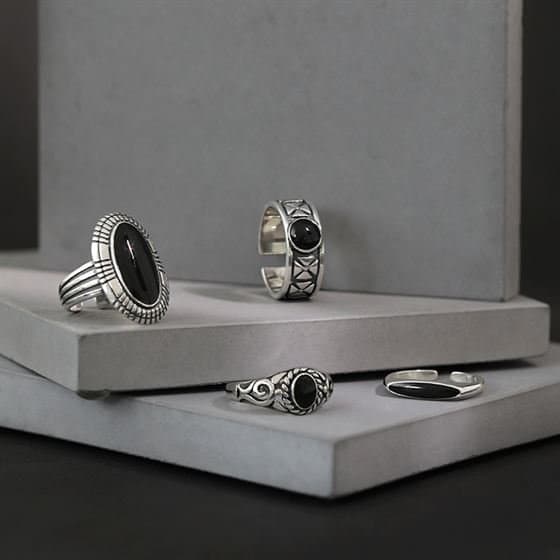 Vintage Black Geometric 925 Sterling Silver Adjustable Ring