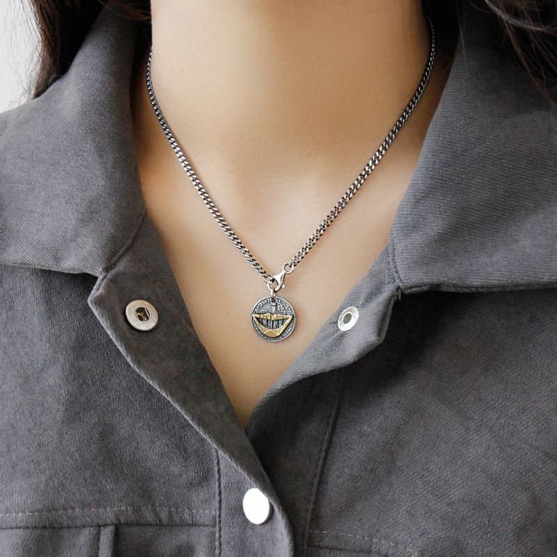 Vintage Lip Portrait Coin 925 Sterling Silver Pendant