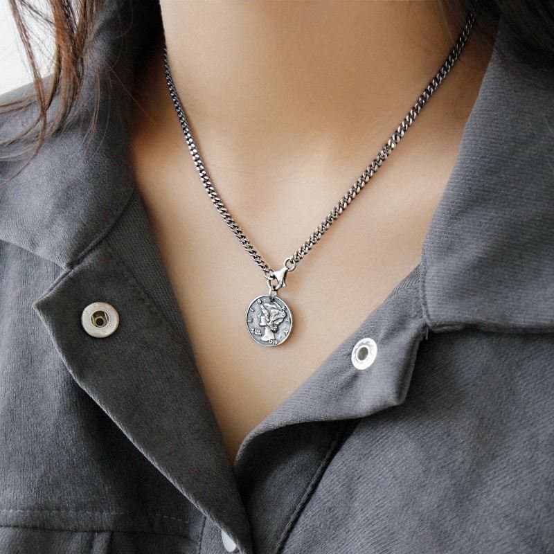 Vintage Lip Portrait Coin 925 Sterling Silver Pendant