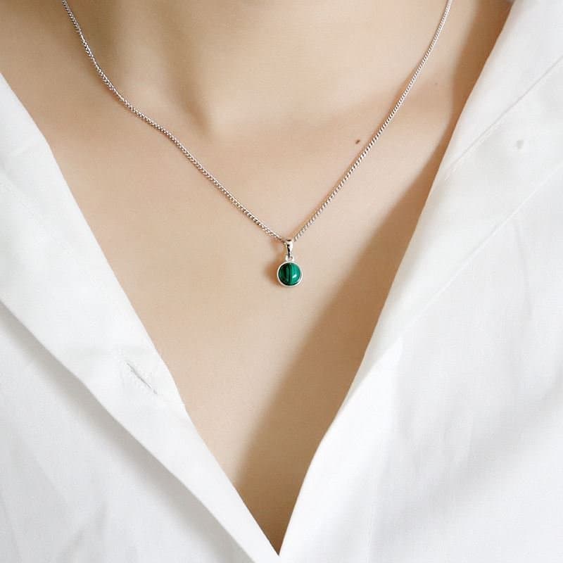 Round Natural Crystal Agate Malachite 925 Sterling Silver Pendant