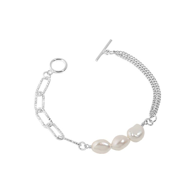 Asymmetric Hollow Chain Baroque Natural Pearl 925 Sterling Silver Bracelet