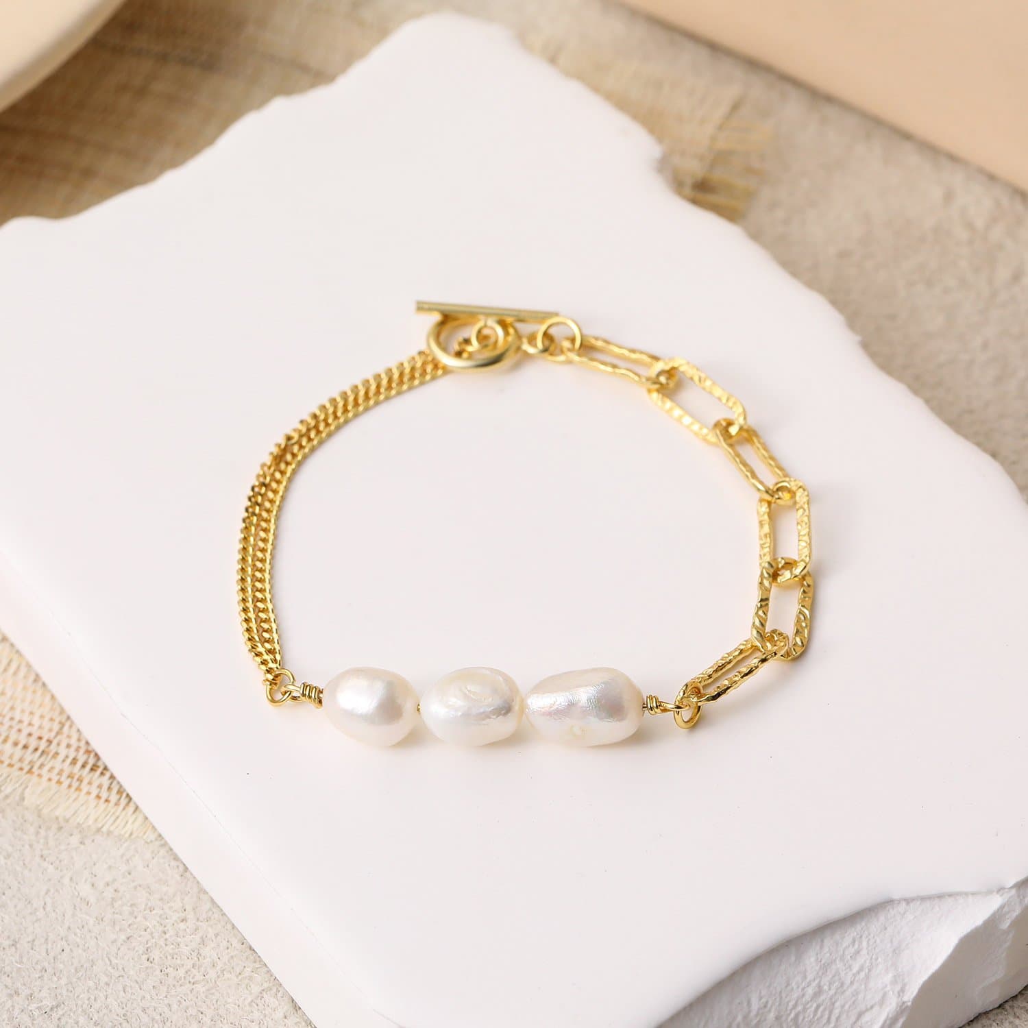 Asymmetric Hollow Chain Baroque Natural Pearl 925 Sterling Silver Bracelet
