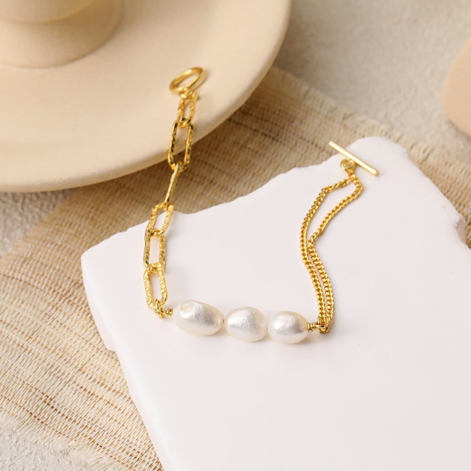Asymmetric Hollow Chain Baroque Natural Pearl 925 Sterling Silver Bracelet