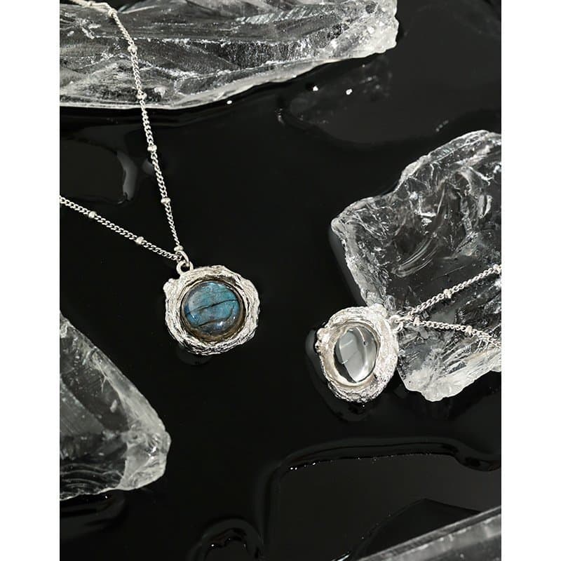 Round Natural Anemousite White Crystal Irregular 925 Sterling Silver Necklace