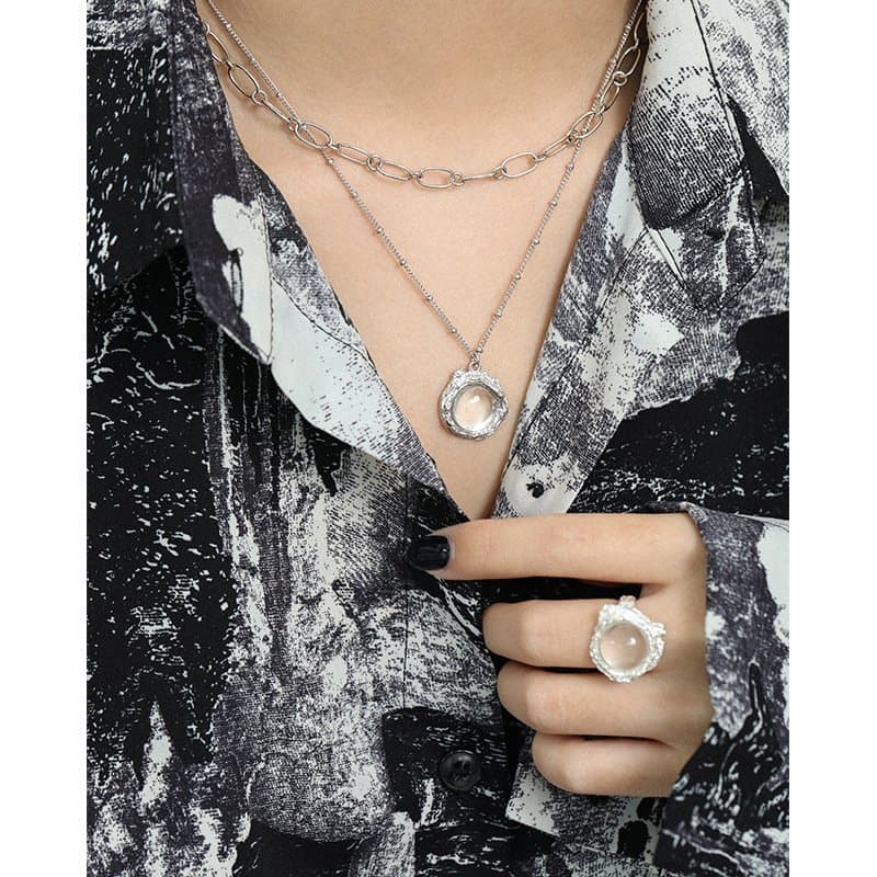 Round Natural Anemousite White Crystal Irregular 925 Sterling Silver Necklace