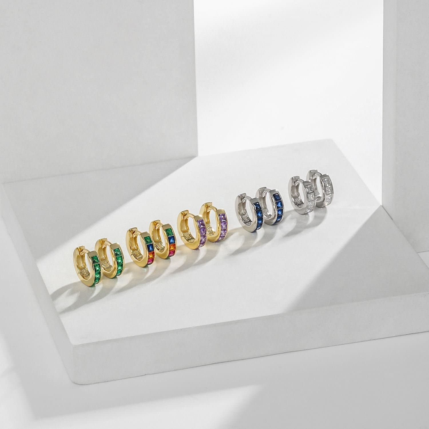 Geometric Colourful CZ 925 Sterling Silver Hoop Earrings