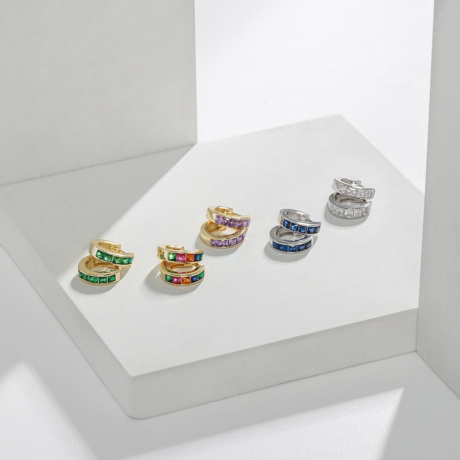 Geometric Colourful CZ 925 Sterling Silver Hoop Earrings