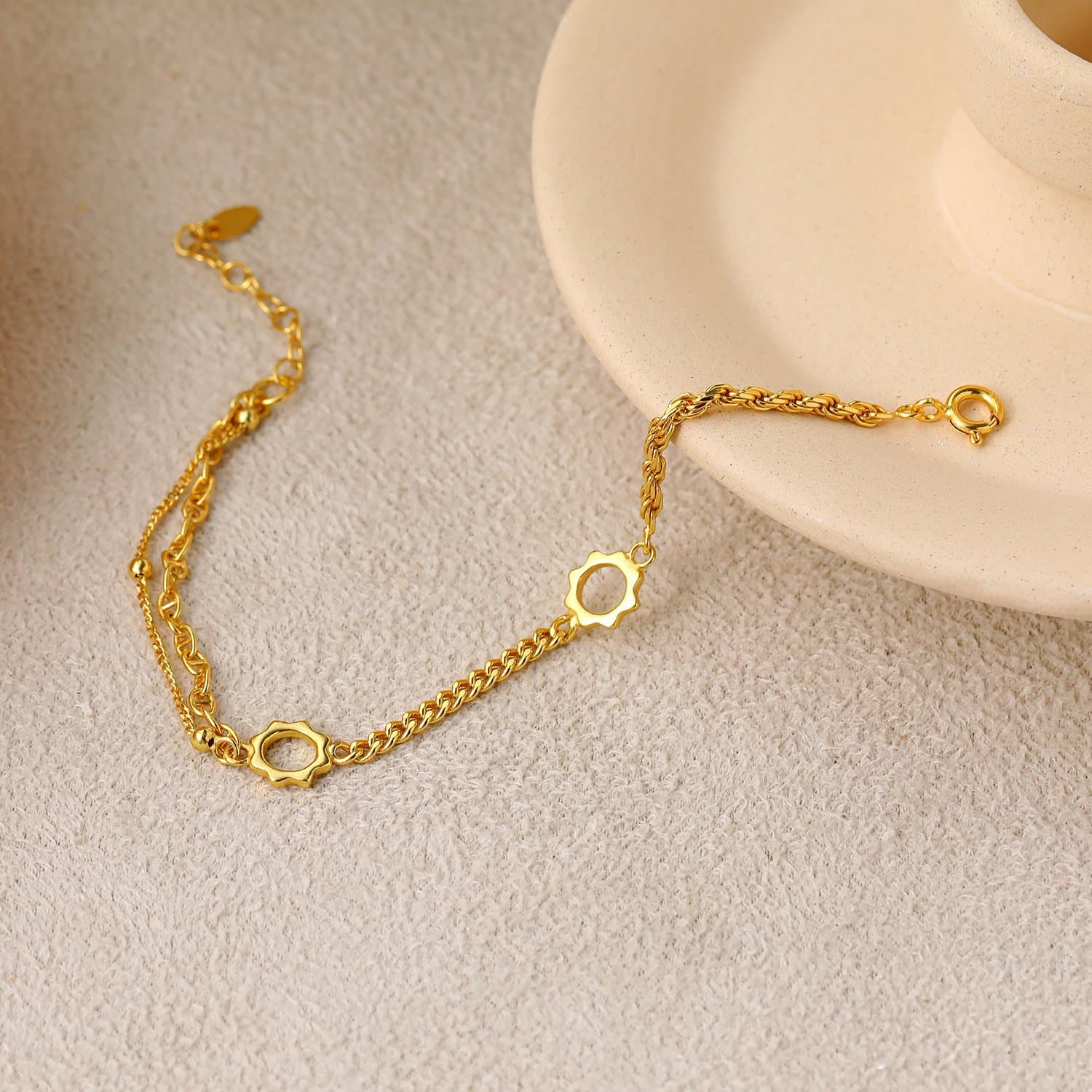 Asymmetric Rope Curb Puffed Chain Sunflower 925 Sterling Silver Bracelet
