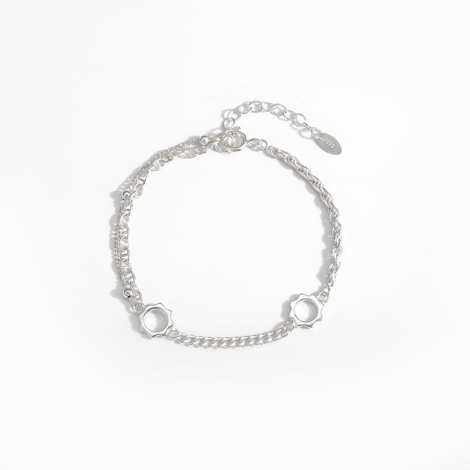 Asymmetric Rope Curb Puffed Chain Sunflower 925 Sterling Silver Bracelet