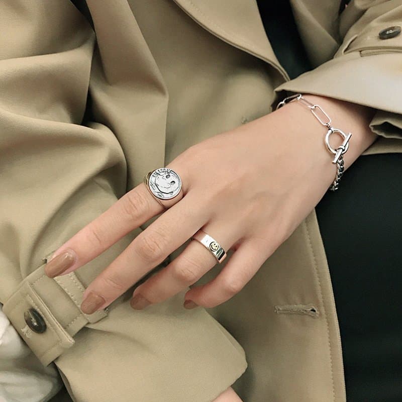 Vintage Smile Face 925 Sterling Silver Adjustable Ring