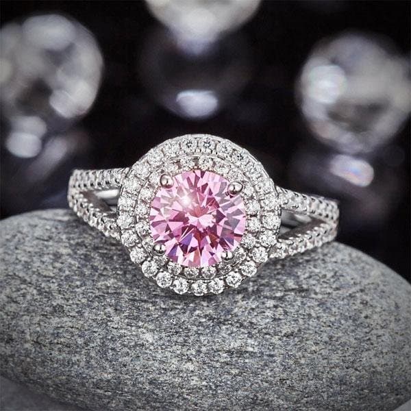 Double Halo 1.25 Ct Pink Created Diamond Ring