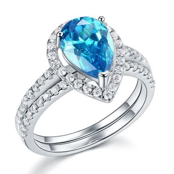 2 Carat Pear Blue Created Diamond Ring Set