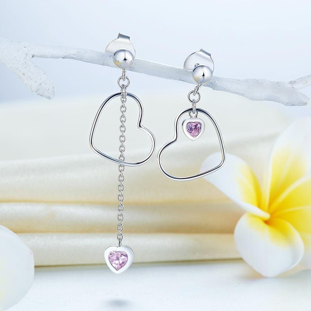 Dangle Drop Pink Heart Earrings