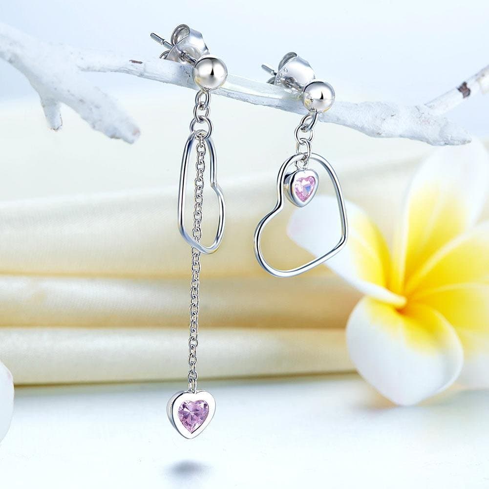 Dangle Drop Pink Heart Earrings