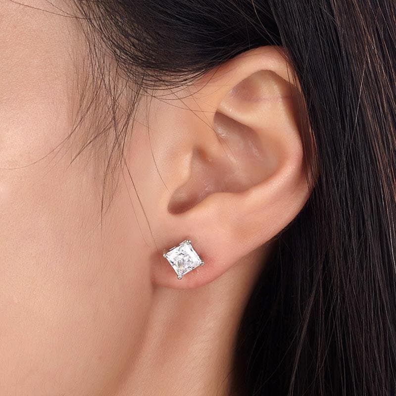 Sterling Silver Stud Earrings 1 Carat Princess Cut Created Diamond