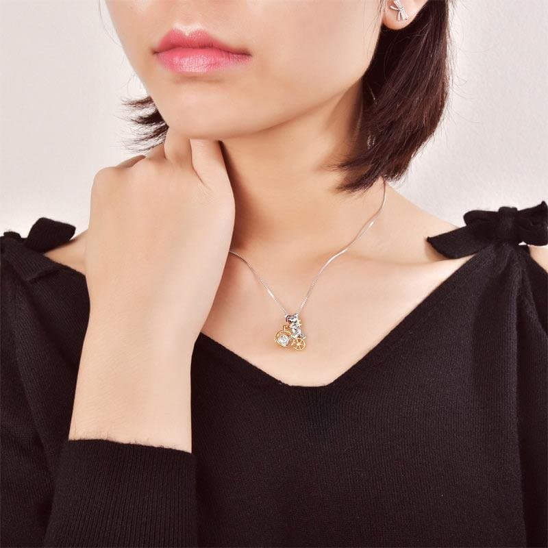 Bear Ride Bicycle Dancing Stone Pendant Necklace