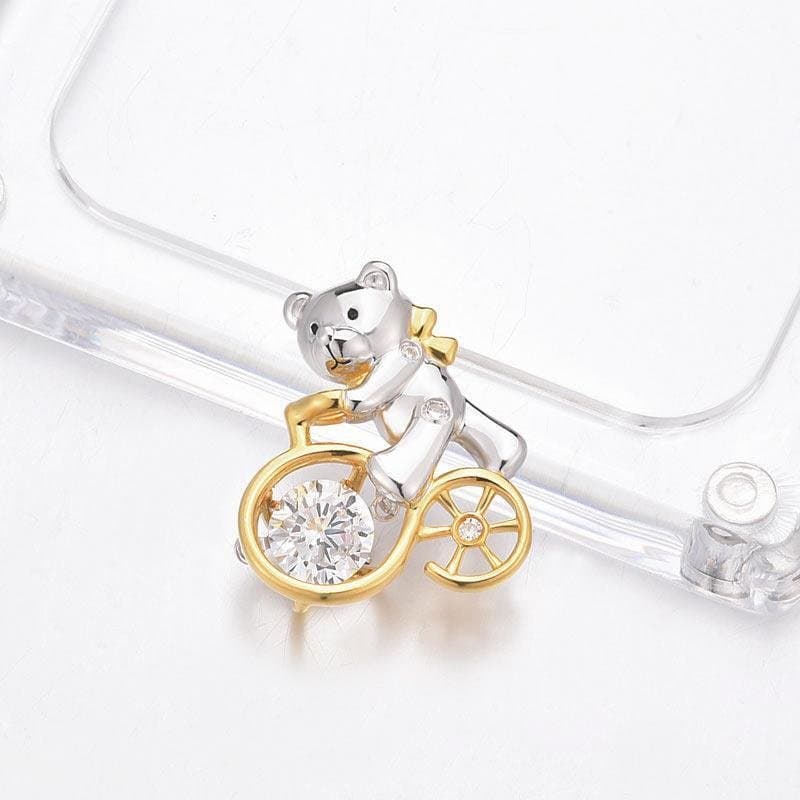 Bear Ride Bicycle Dancing Stone Pendant Necklace