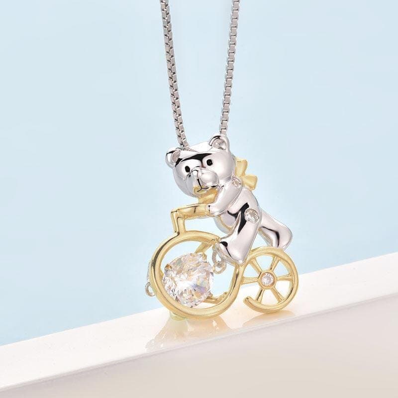 Bear Ride Bicycle Dancing Stone Pendant Necklace