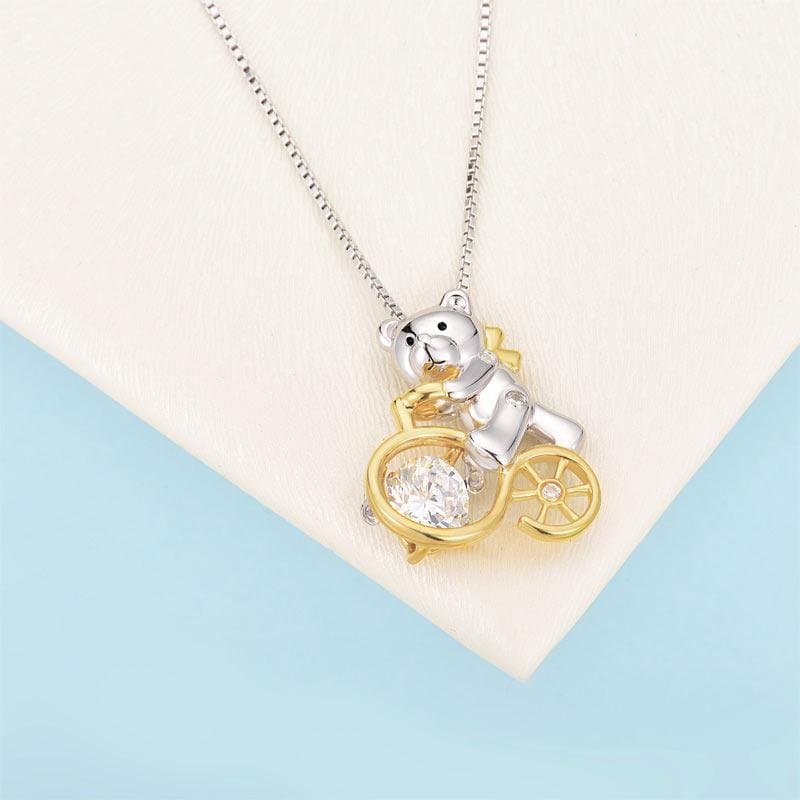 Bear Ride Bicycle Dancing Stone Pendant Necklace