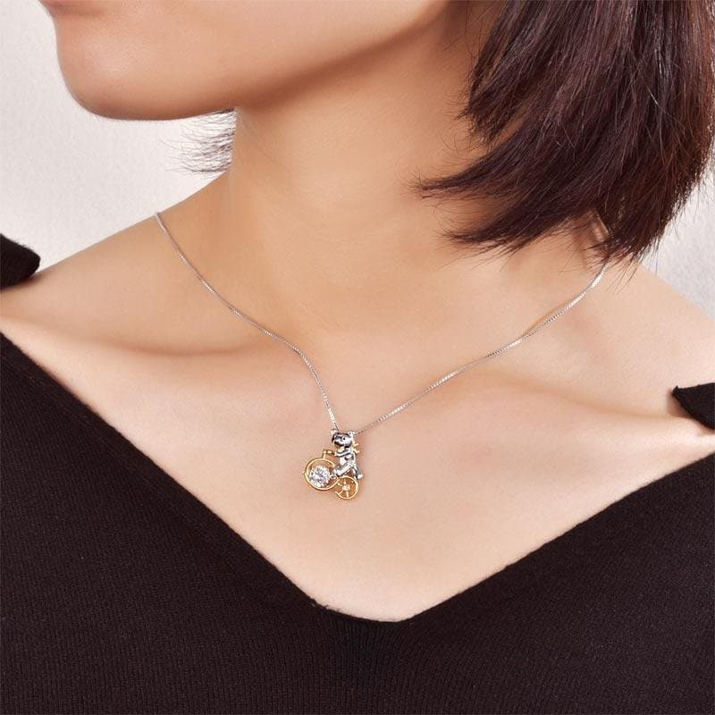Bear Ride Bicycle Dancing Stone Pendant Necklace