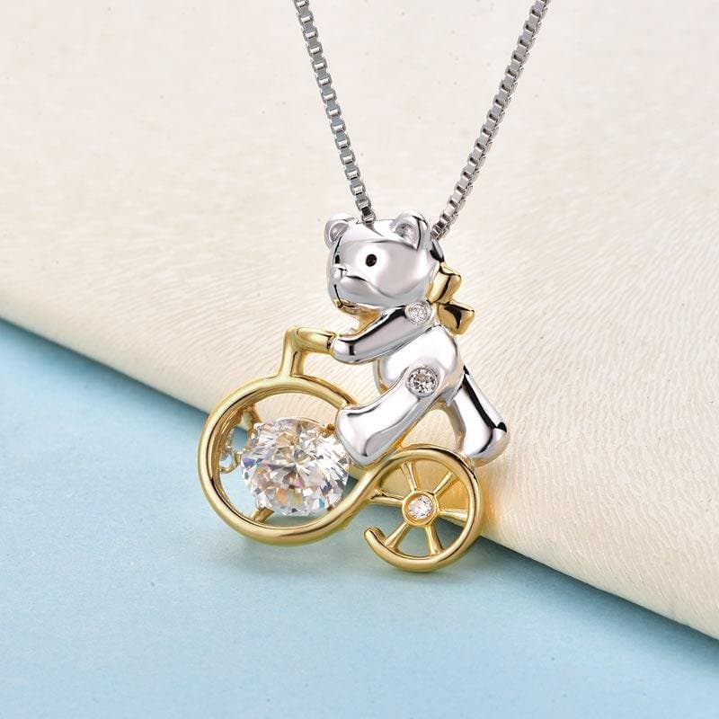 Bear Ride Bicycle Dancing Stone Pendant Necklace