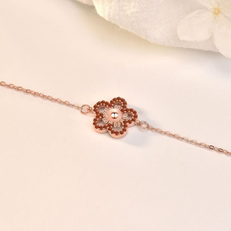 Red CZ Hollow Flower 925 Sterling Silver Bracelet