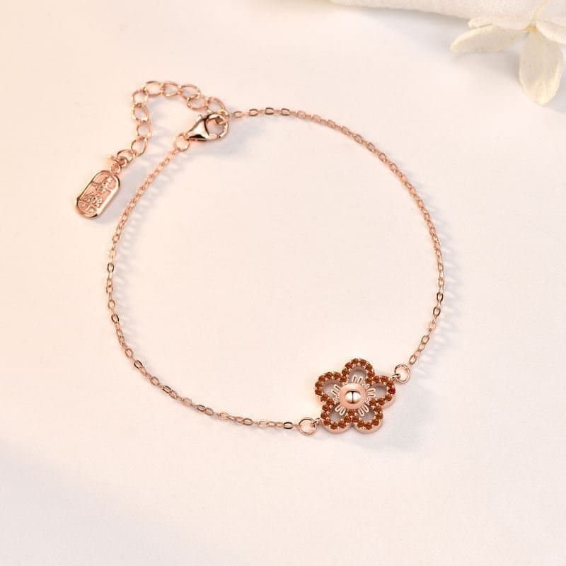 Red CZ Hollow Flower 925 Sterling Silver Bracelet
