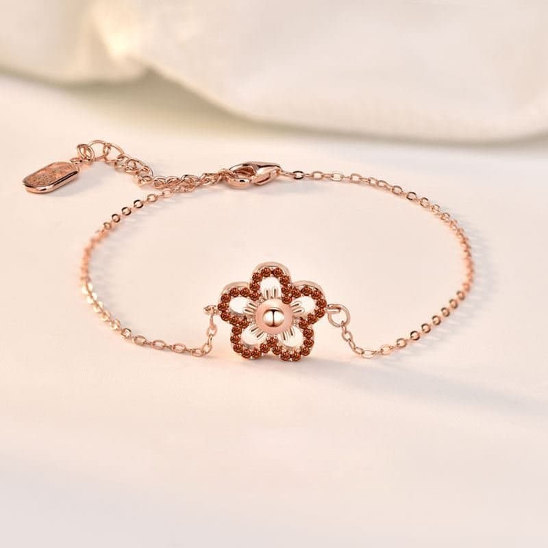 Red CZ Hollow Flower 925 Sterling Silver Bracelet