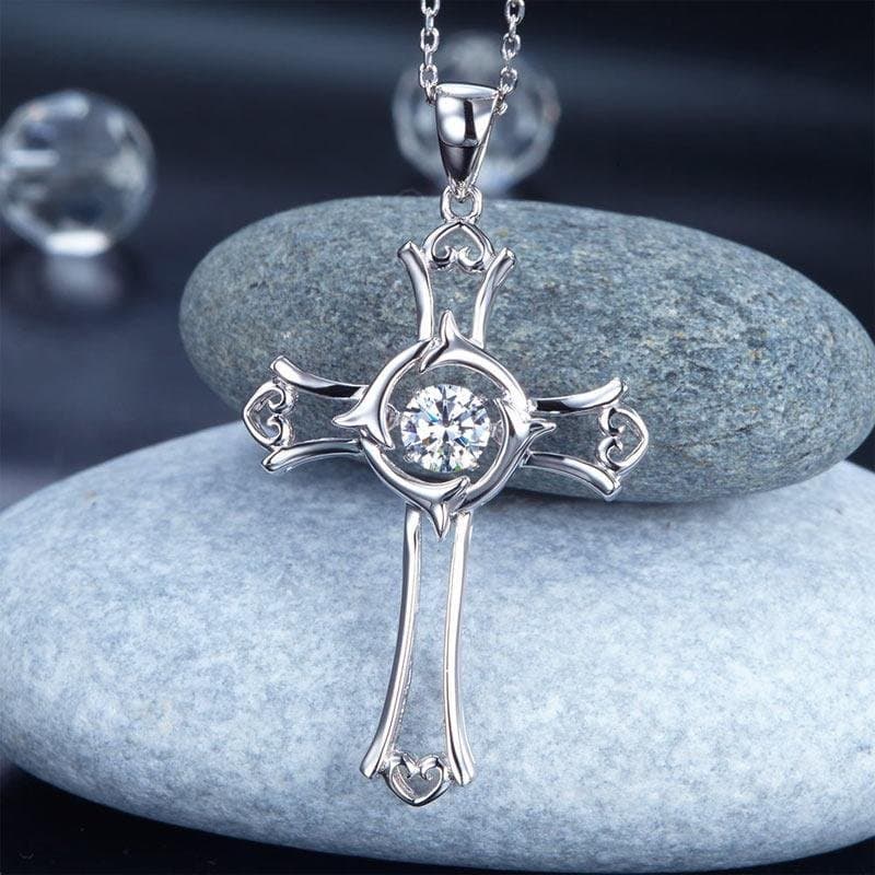 Dancing Stone Heart Cross Pendant Necklace