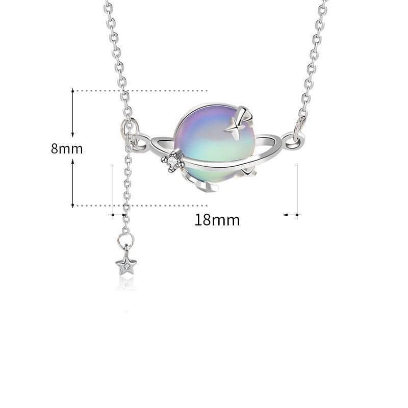 Round Natural Moonstone Planet Stars 925 Sterling Silver Necklace