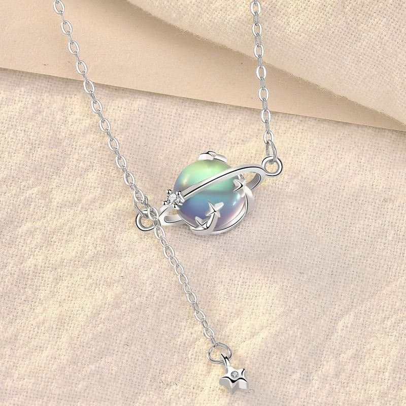 Round Natural Moonstone Planet Stars 925 Sterling Silver Necklace