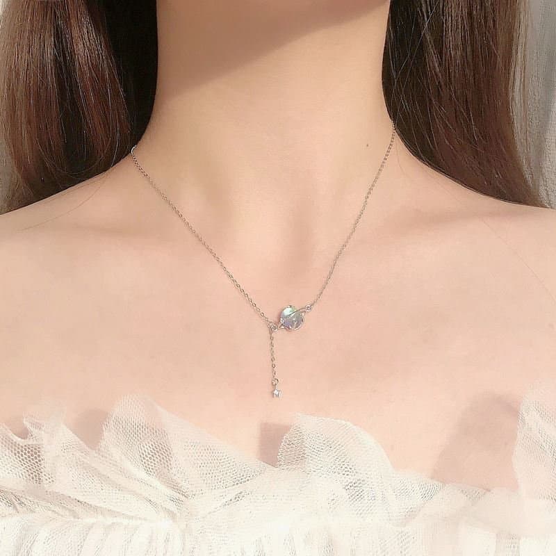 Round Natural Moonstone Planet Stars 925 Sterling Silver Necklace