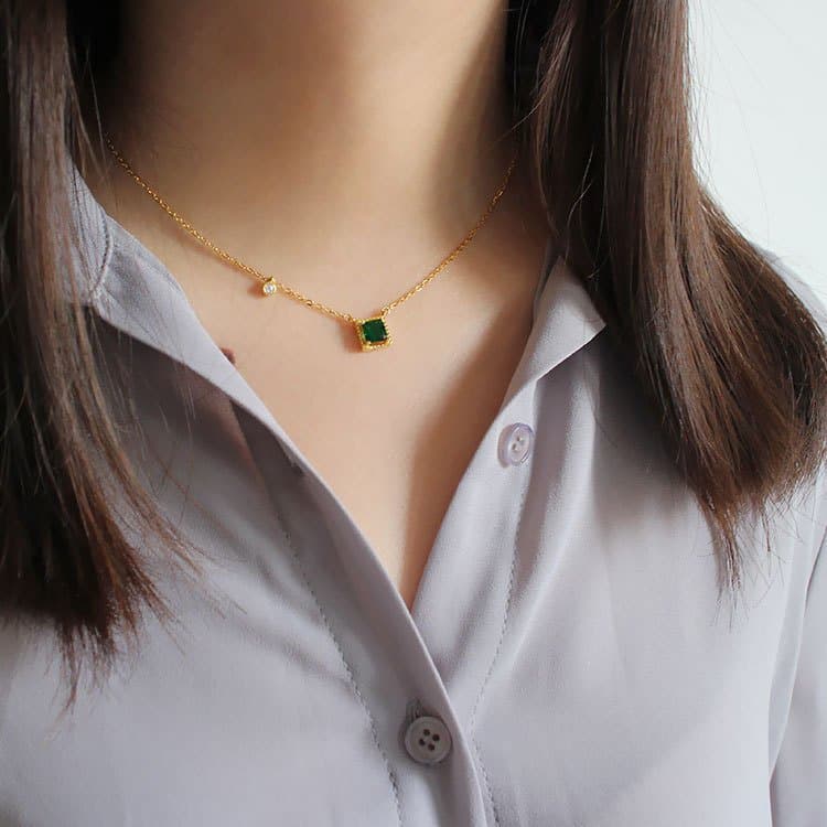Green Square CZ 925 Sterling Silver Golden Necklace