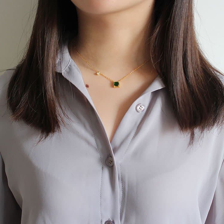 Green Square CZ 925 Sterling Silver Golden Necklace