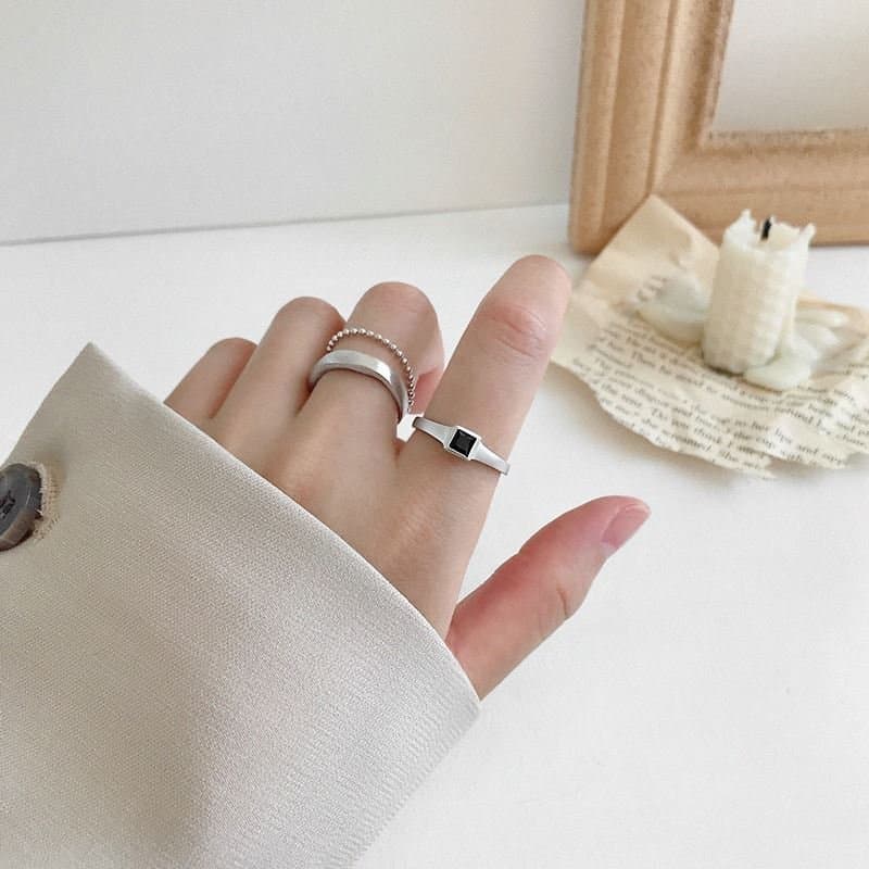 Black CZ Square 925 Sterling Silver Adjustable Ring