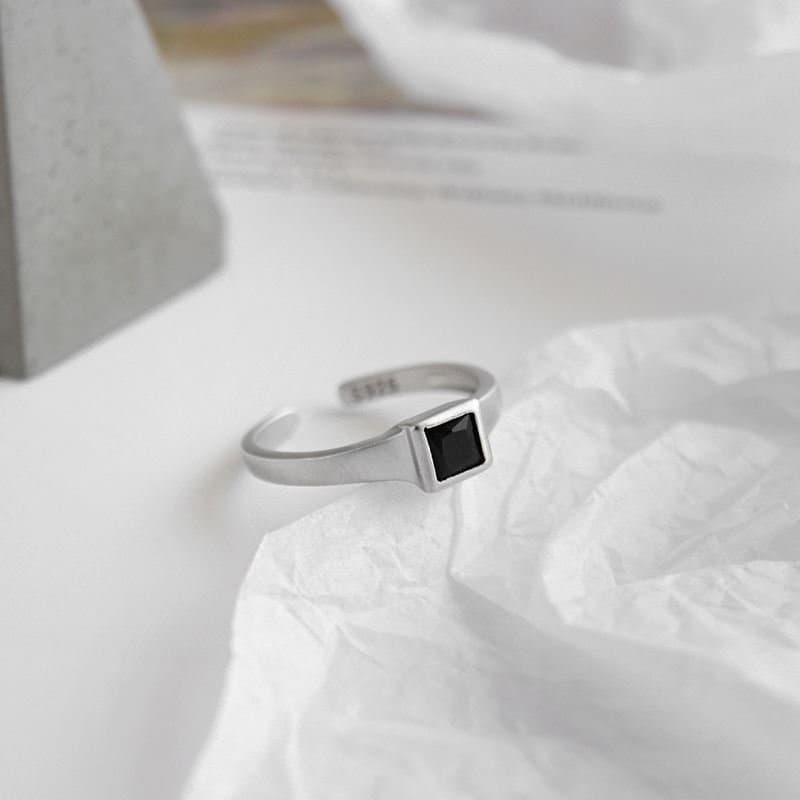 Black CZ Square 925 Sterling Silver Adjustable Ring