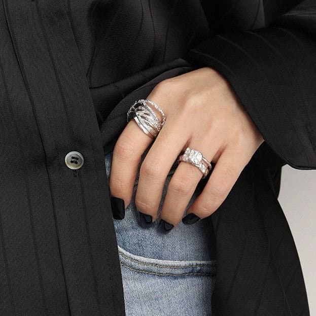 Irregular Lines Cross Wide 925 Sterling Silver Adjustable Ring