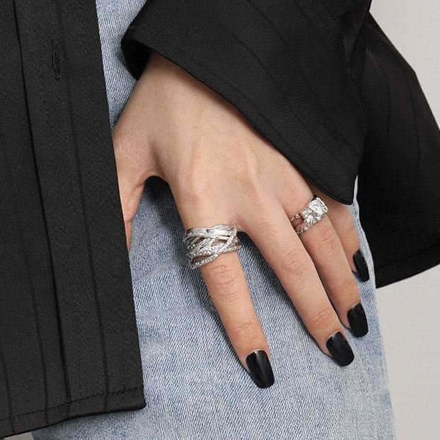 Irregular Lines Cross Wide 925 Sterling Silver Adjustable Ring