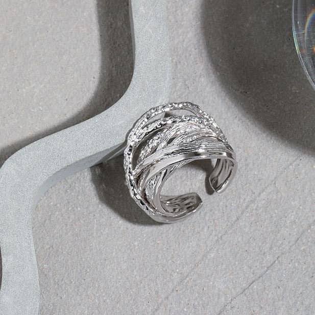 Irregular Lines Cross Wide 925 Sterling Silver Adjustable Ring